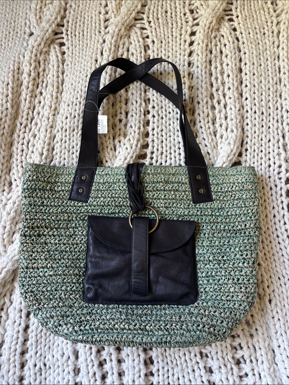 Free People Green Woven Tote with Black Leather Pocket